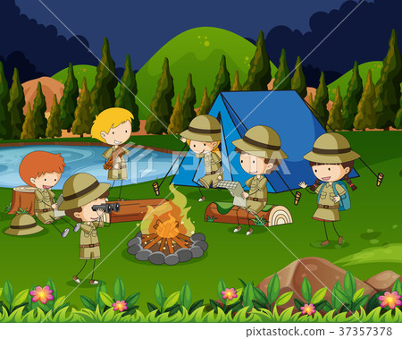 插图素材: children camping out in the woods