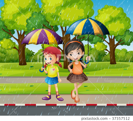 插图素材: two girls with umbrella in the rain