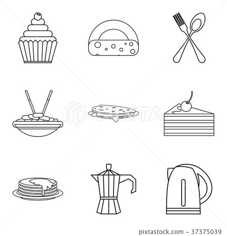 插图素材: lunch in dining room icons set, outline style