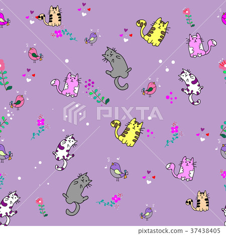 插图素材: cute cat seamless pattern on flower background 查看