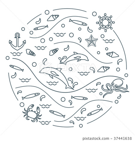 dolphins, octopus, fish, anchor, helm, waves, 37441638