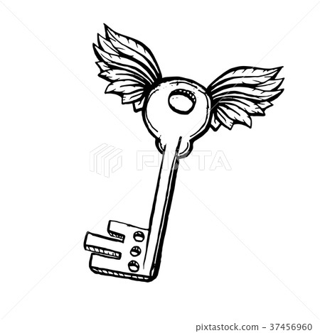 图库插图 door key with two wings in sketch style hand