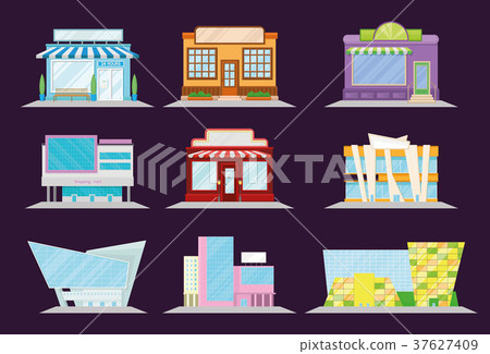 图库插图: shop and restaurant facade set, shopping mall and