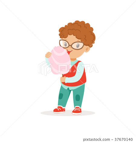 插图素材: funny little boy with shiny eyes eating sweet