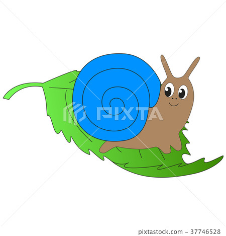 插图素材: cute cartoon snail sits on a green leaf.