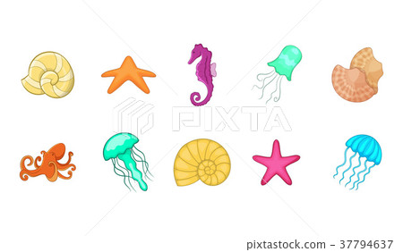 图库插图: sea creature icon set, cartoon style