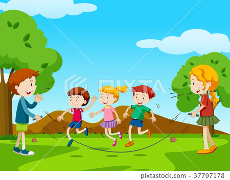 图库插图: children jumping rope in the park