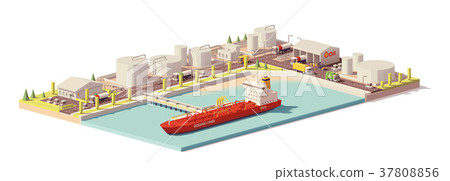 插图素材: vector low poly oil depot and oil tanker ship