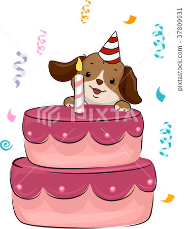 插图素材: dog pink birthday cake confetti