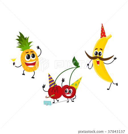 flat简笔画,简笔画 插图素材: vector flat fruit summer party characters set