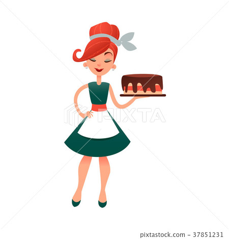 插图素材: funny cartoon housewife with cake. happy vector