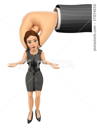 插图素材: 3d business woman hanging from a huge man hand