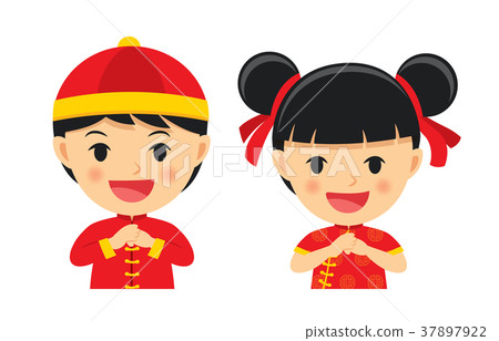 插图素材: happy chinese new year boy and girl in traditional