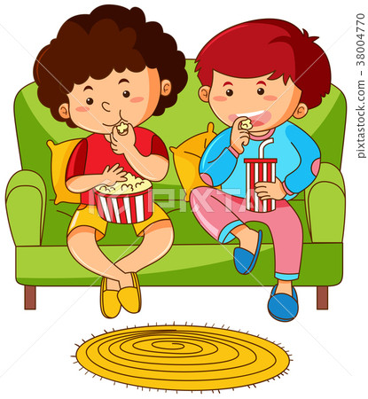 图库插图: two boys eating popcorn on sofa