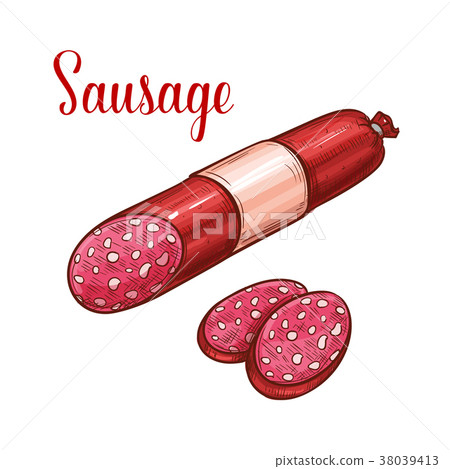 图库插图: salami sausage with slice sketch of meat product