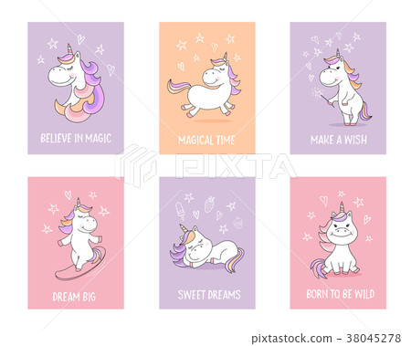 插图素材: cute unicorn greeting cards with quotes