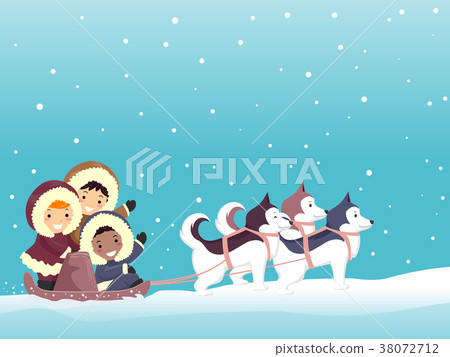 图库插图: stickman kids dog sled snow