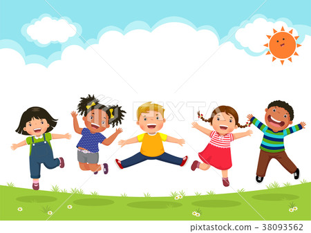 插图素材: happy kids jumping together during a sunny day