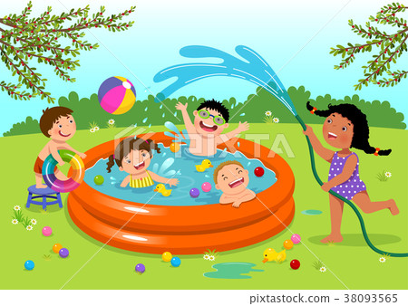 插图素材: kids playing in inflatable pool in the backyard 查看