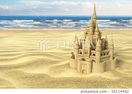 图库插图: sand castle on the beach on the sea and sky