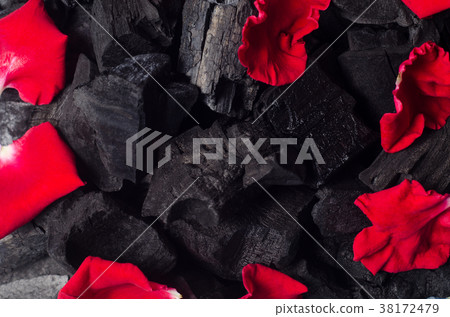 图库照片: red rose petals on black charcoal background