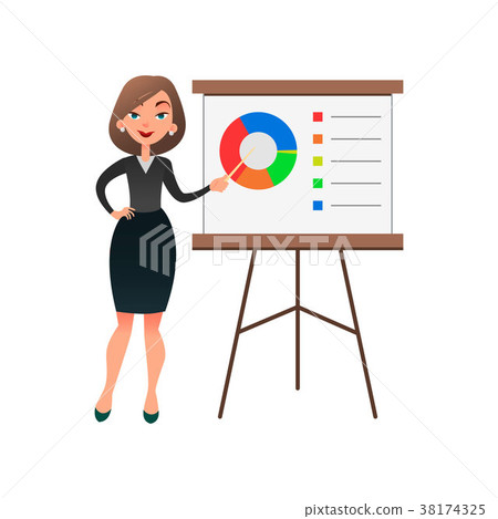 插图素材: funny cartoon woman manager presenting whiteboard