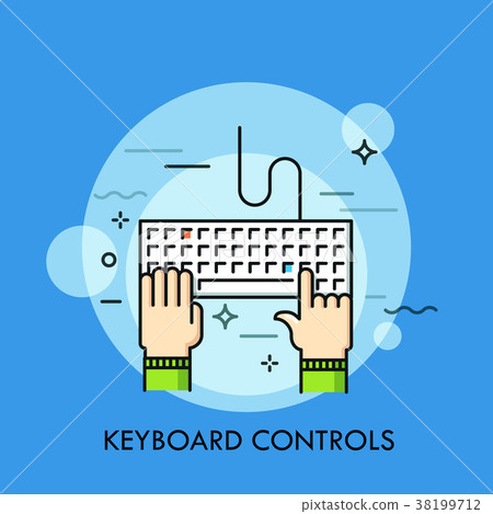 图库插图: human hands typing on computer keyboard, top view.