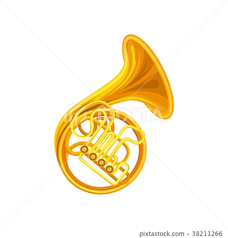 插图素材: golden french horn. brass musical instrument with