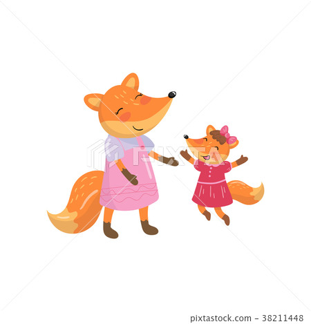 插图素材: cartoon fox family mom and her little baby.