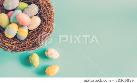 图库照片: colorful easter egg and nest on green pastel color