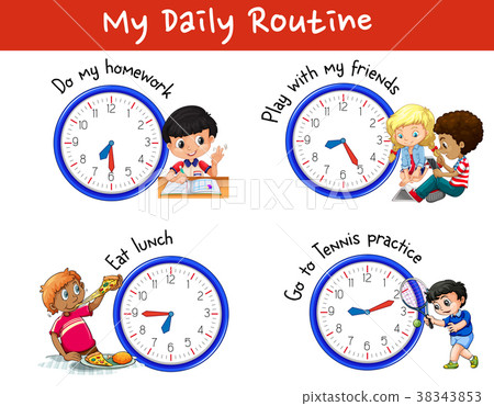 插图素材: daily routine of many children with clocks 查看全部