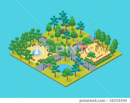 插图素材: green city park concept 3d isometric view. vector