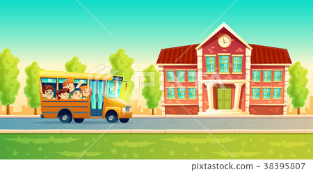 插图素材: vector cartoon kids back to school on yellow bus