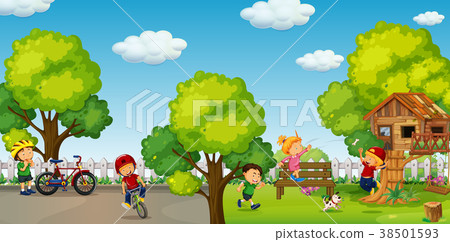 图库插图: children riding bike and playing in park