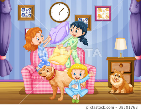 插图素材: three girls and two dogs in living room
