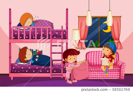 插图素材: four children in bedroom with bunkbed