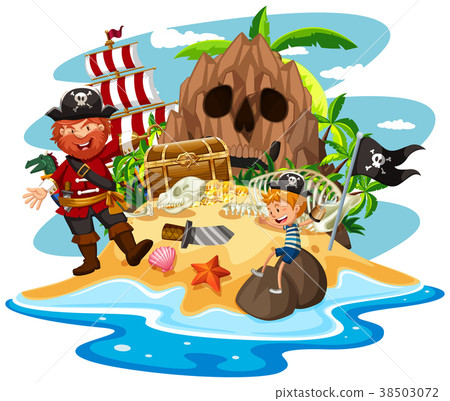 插图素材: pirate and little boy on treasure island