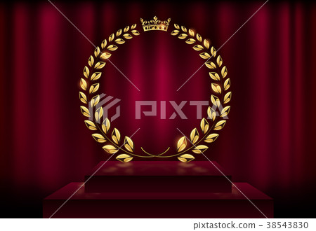插图素材: round golden laurel wreath crown award red curtain