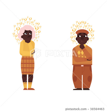 插图素材: vector flat old elderly black man, woman thinking