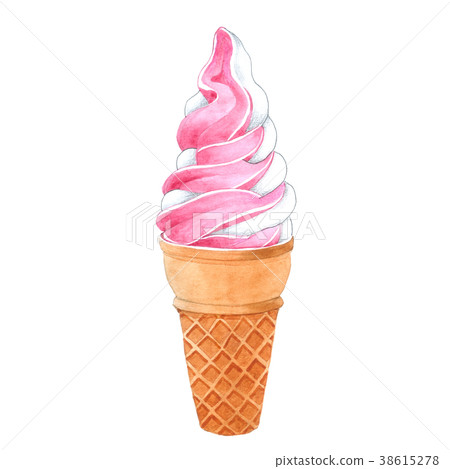 插图素材: watercolor strawberry vanilla ice cream cone