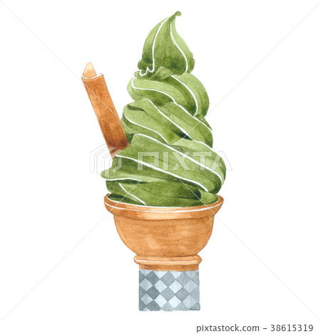 插图素材: watercolor green tea ice cream on white background