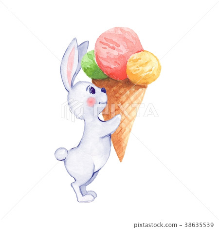 图库插图: rabbit and ice cream. watercolor illustration