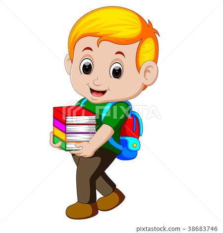 插图素材: cartoon boy holding a pile of books with backpack