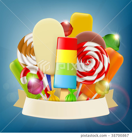 插图素材: set of ice cream, candy and sweets with ribbon