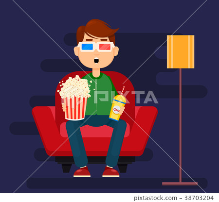 插图素材: young man sittingat home and watching movie