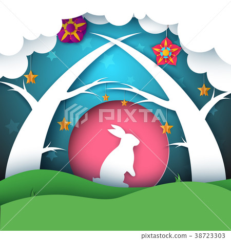 插图素材: rabbit illustration. cartoon paper landscape.