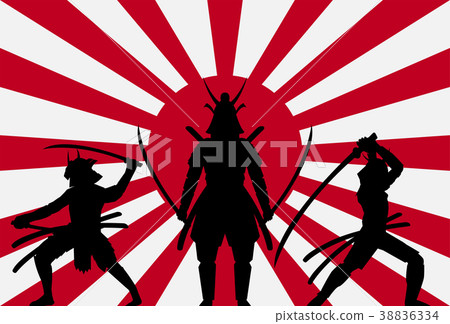 插图素材: silhouette samurai on rising sun japan flag