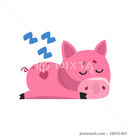 插图素材: pink funny cartoon pig sleeping, cute little piggy