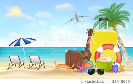 插图素材: summer vacation with travel bag on sea sand beach 查看