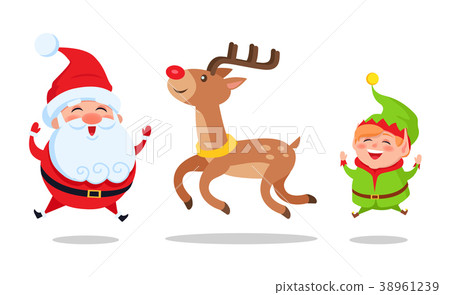 插图素材: santa and elf cartoon characters jumping high icon